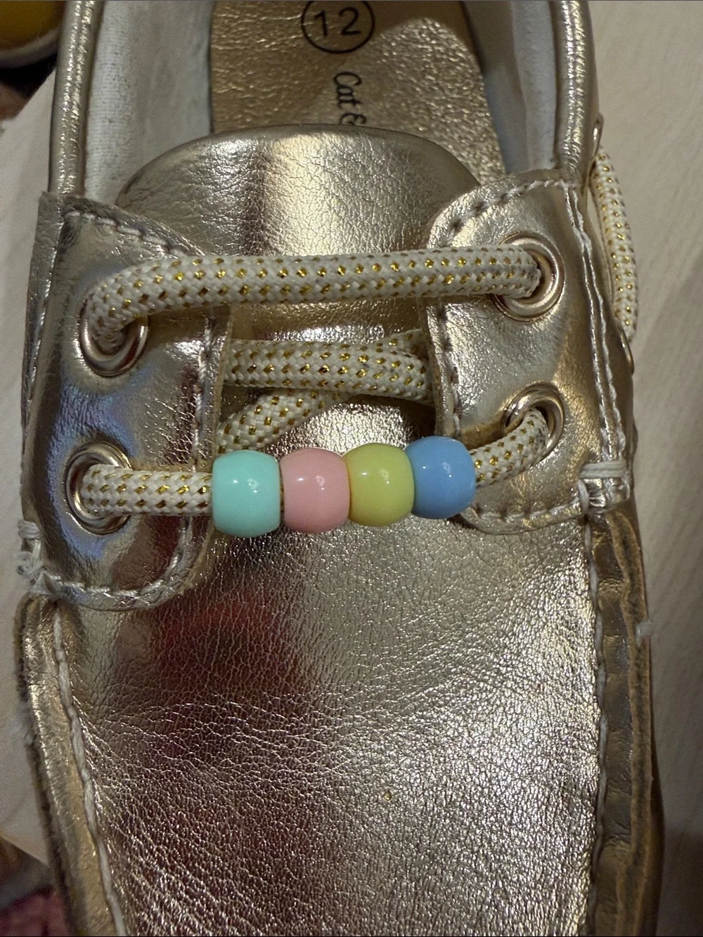 Cat and Jack Metallic Gold Kids Boat Shoes with Pastel Bead Accents